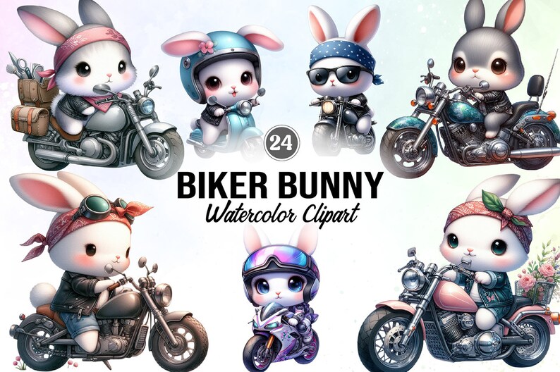 24 Biker Bunny Watercolor PNG Clipart, cute rabbit, motorbike, bunny driving, cute animals clip art, bunny illustration, sublimation