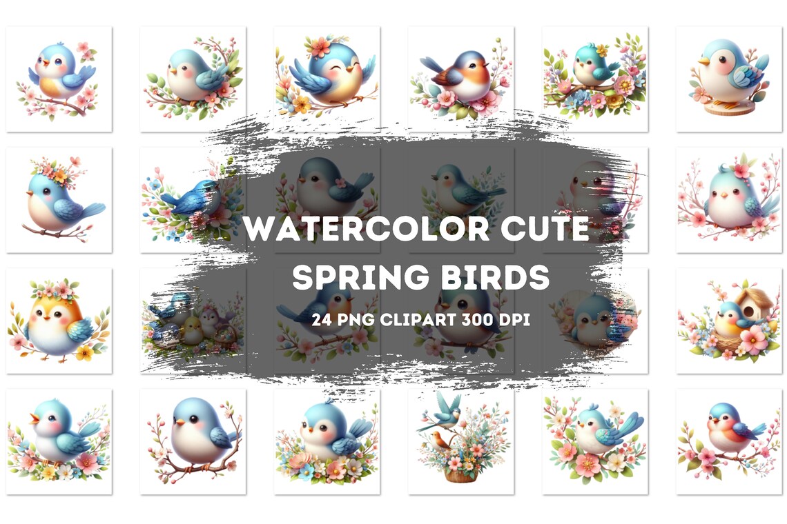 24 Watercolor Cute Spring Birds Clipart, Spring Birds Clipart, Birds Bundle, Colorful Birds, Birds On Branch Clipart, bluebird clipart, PNG
