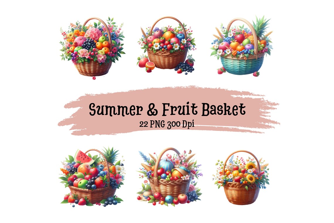 Summer & Fruit Basket Sublimation Clipart Bundle, Watercolor Floral Basket Collection Clipart Fruit Basket Clipart Bundle Transparent PNG