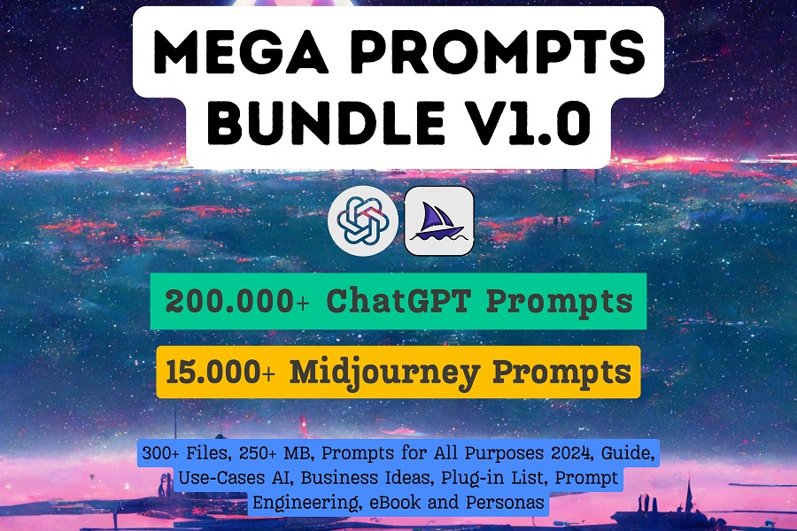 200.000+ Mega ChatGPT Prompts Bundle, 15.000+ Midjourney Prompts, Use-Cases AI, Business Ideas, Prompt Engineering, eBook, Personas, AI Prompts