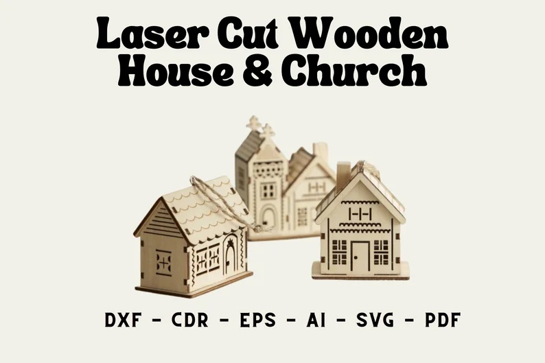 Laser Cut Wooden House & Church, Laser Cut, Digital Download, Vector Files Wood Laser Cutting, Vector laser cut template, DXF, CDR, Ai, Eps