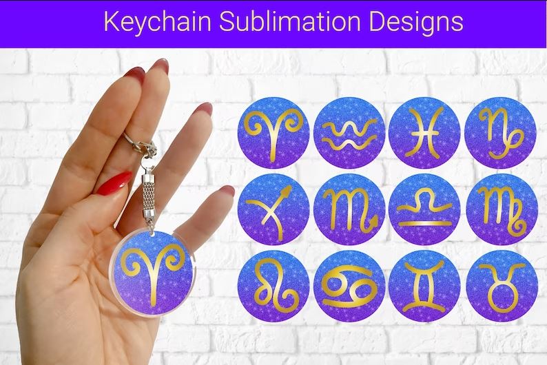Zodiac Sign Keychain PNG Bundle | Astrology Signs | Zodiac Design | Round Horoscopes Keychain Design, Keychain sublimation designs glitter