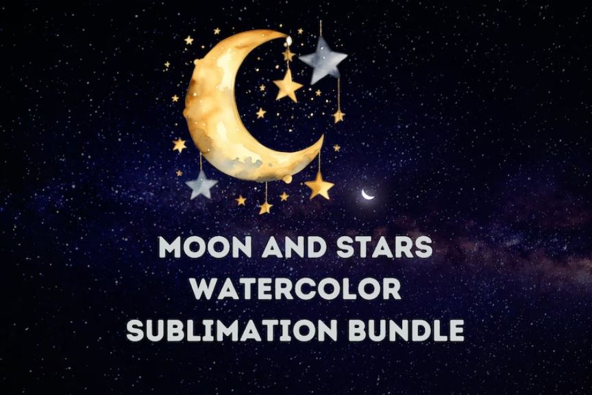 Moon and Stars Watercolor Sublimation Bundle | Cute Moon and Stars Clipart, Watercolor Clipart, PNG for Sublimation Digital Collage Sheet