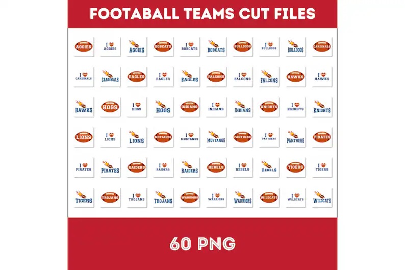 Footaball Teams Cut Files, Football PNG Bundle, Football Clipart, 60 PNG