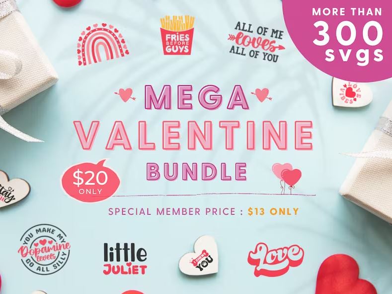 Mega Valentine Bundle +250 Designs, Valentines svg Bundle, Valentine's Day Designs, Cut Files Cricut, Silhouette 3D laser cut SVG
